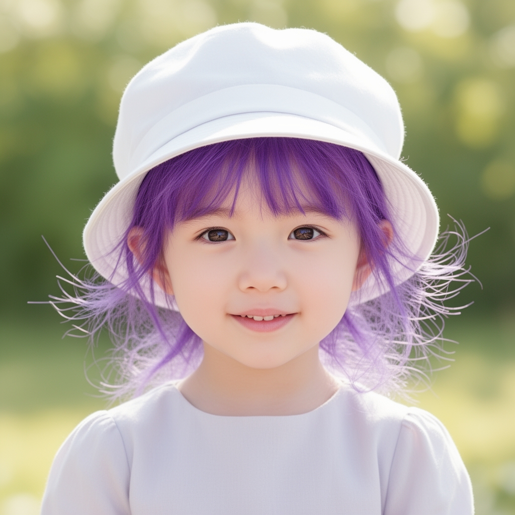 یک دختر کیوت که کلاهی روی سرش است که مو های چتری آن دختر از کلاه بیرون آمده و بقیه ی مو ها داخل کلاه هستند کلاه به رنگ سفید و مو ها و چشم ها به رنگ بنفش هستند0