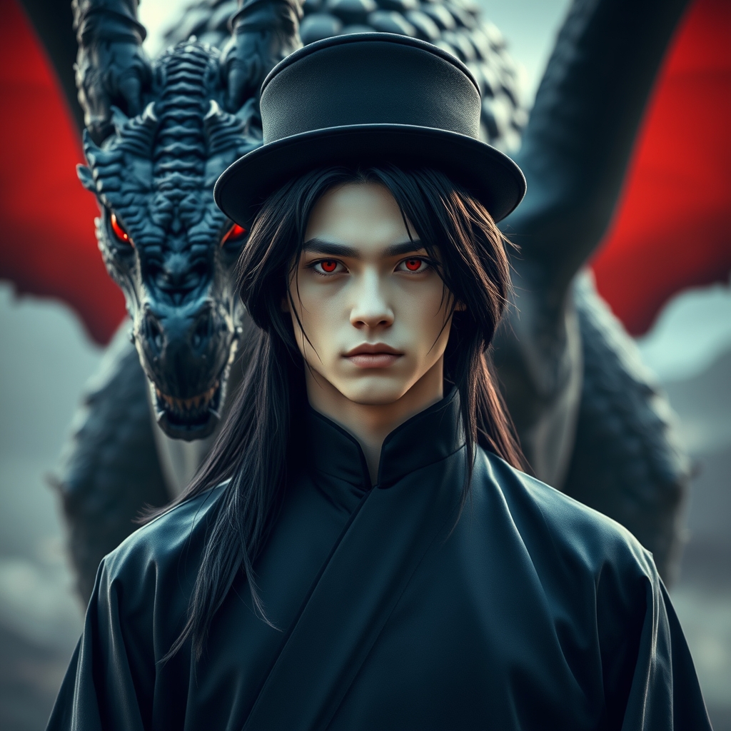 زیباترین مرد جوان در جهان حتی در رویایی که شکوه خدا را دارد که همه از شدت زیبایی به او سجده کنند که با موهای مشکی رنگ بلند و با چشمانی قرمز که با مردمک کشیده همانند هفت رودخانه خون و با پوست سفید همرنگ برف و با لبانی کمی سرخ چه لباس سلطنتی مشکی رنگی بر تن دارد و کلاه حصیری بر سر دارد و پشت سرش جایی راز آلود باشد و ترسناک و اژدهای بزرگ و باشکوه مشکی رنگی که با چشمان قرمز باشد ببینیم رویایی چیکار میکنه0