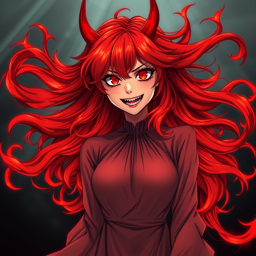 دختری با موهای قرمز آتشین و چشمان خونین،تجسمی از زیبایی و وحشت.موهایش همچون شعله‌های جهنمی می‌سوزند و چشمانش روحی تاریک و شیطانی.لبخند ترسناک او با دندان‌های تیز و درخشان،قدرتی دارد که می‌تواند هر چیزی را پاره کند.چشمان جنون‌آمیزش،حس غرق شدن در کابوس و لب‌های سرخش،فریبنده و خطرناک به نظر است.هر بار که لبخند می‌زند،وعده‌ای از درد و عذاب را به همراه دارد. او می‌تواند هر قلبی را به تپش و هر روحی را به لرزه درآورد، گویی که در هر لحظه ممکن است از سایه‌ها بیرون بیاید و تو را به دنیای تاریک خود بکشاند.7
