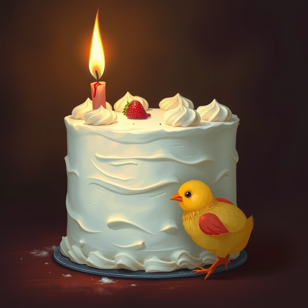 خدا خدایا یه کیک خوشگل سفید 
و شمع خاموش 
و کنار ان جوجه زرد و سرخ1