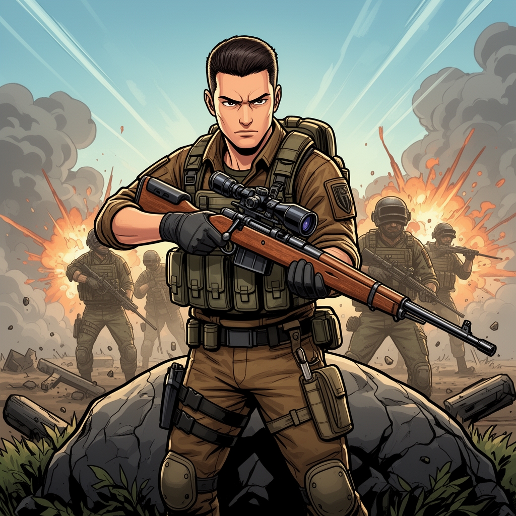 🎯 شخصیت کارتونی پابجی
نقش: Sniper حرفهای اسکواد
اسلحه: کار۹۸ با اسکوپ ۸× و ۶×
حالت: متمرکز، آرام، آماده شلیک، نگاه تیز و جدی
لباس: تاکتیکال با رنگهای خاکی و سبز، پر از جیب و تجهیزات
محیط: وسط میدان جنگ، پشت سنگ یا بوته، تیم پشت سر
احساس تصویر: انرژی، تمرکز، حس قهرمانی و حرفهای بودن
جزئیات کارتونی: خطوط پرانرژی، رنگهای روشن و اکشن، حالت حرکتی پویا5