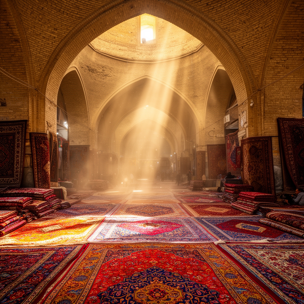 بازار فرش تبریز با سقفهای گنبدی و آجری، پرتوهای نور که از سقف به داخل میتابند، گرد و غبار معلق، فرشهای رنگارنگ روی زمین.5