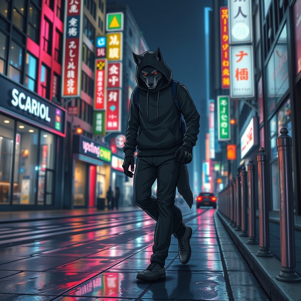 
این تصویر یک خیابان شهری را نشان می‌دهد که در آن  یک  گرگینه با لباس‌های سیاه و در حال قدم زدن است. این گرگینه یک هودی سیاه، شلوار سیاه و دستکش‌های سیاه پوشیده است. خیلی خوش قد و قامت است.خیابان اطراف او با ساختمان‌های بلند و تابلوهای نئون روشن احاطه شده است فوق واقعی0