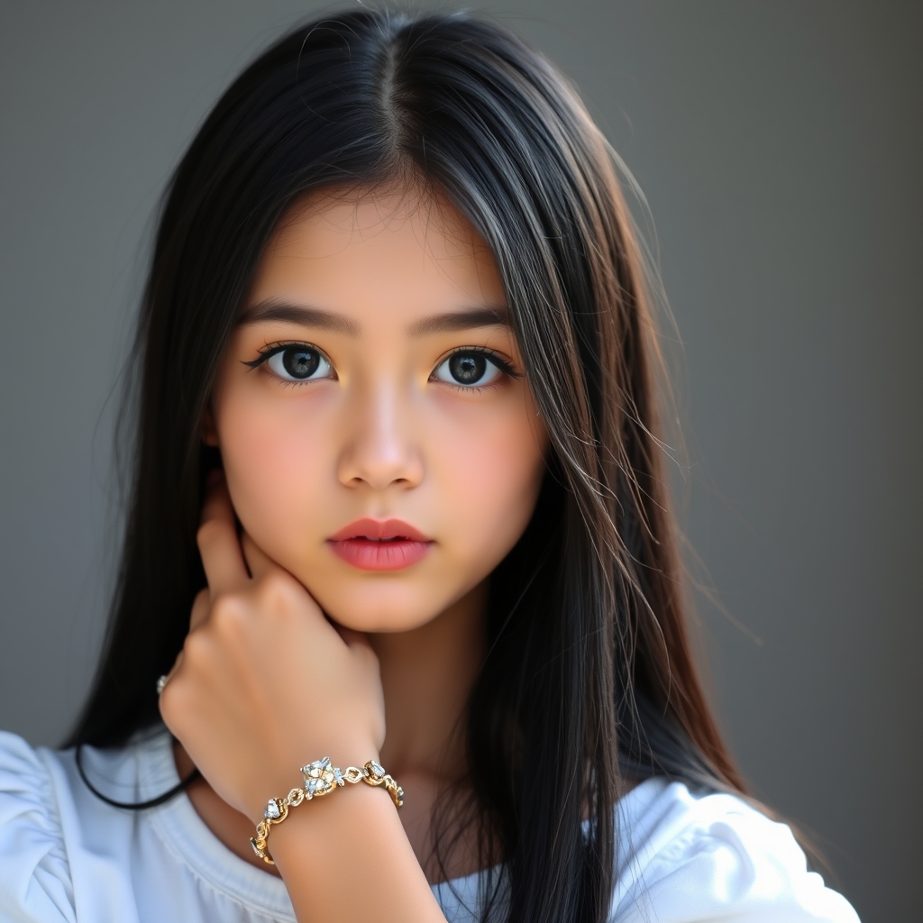 یک دختر زیبا که چشمایش مشکی است و موهایش بلند و مشکی است و صورتش سفید است و یک دستبند زیبا در دست دارد0