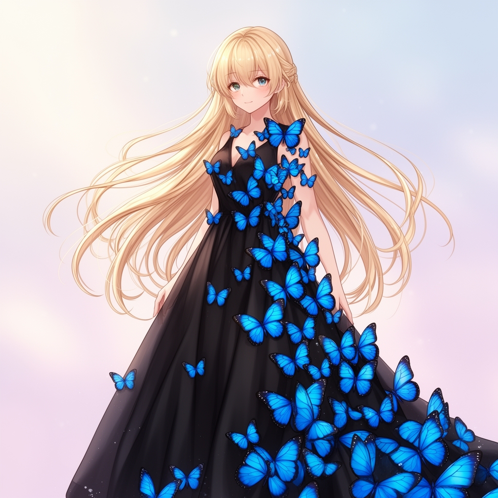 انیمه دختر زیبا با موها بلوند و پیراهن بلند مشکی و پروانه های آبی روی لباسش0