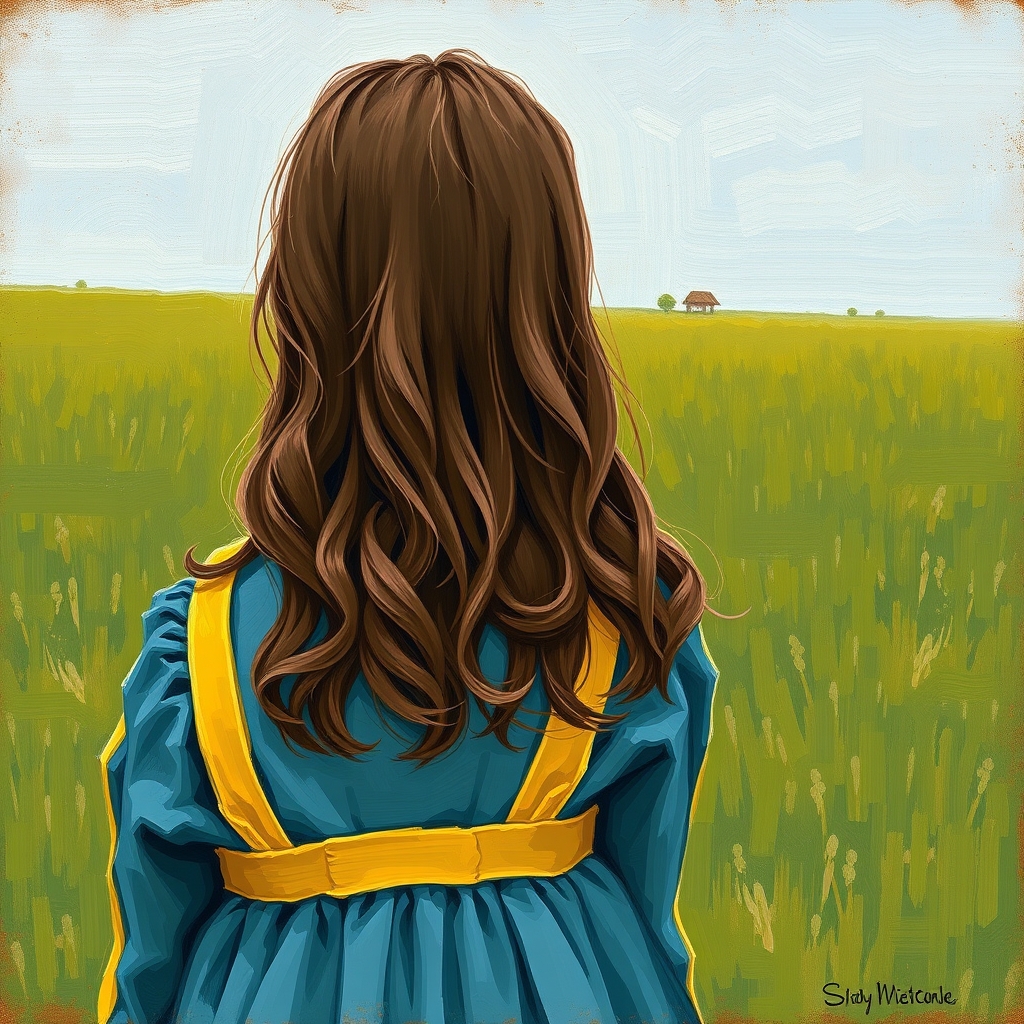 دختری زیبا بل لباس استایل روزانه و به رنگ ابی و زرد و موهای بلند و کمی فر به رنگ خرمایی
از پشت و از نمای دور که به یک منظره چمن زار نگاه می کند به سبک پست امپرسیونیسم 5