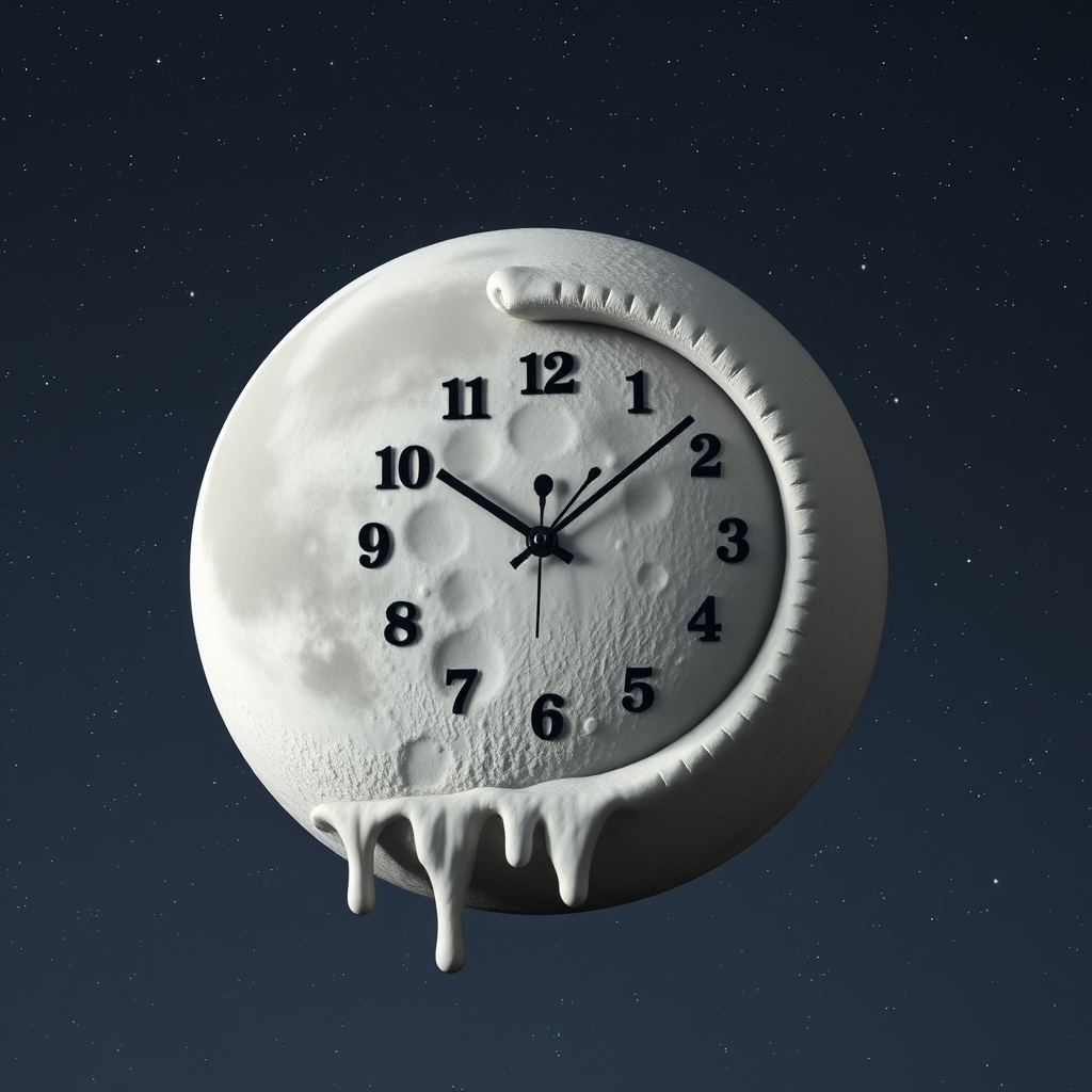 یک ساعت سورئال به شکل ماه ذوب‌شده، شناور در آسمان پرستاره.3