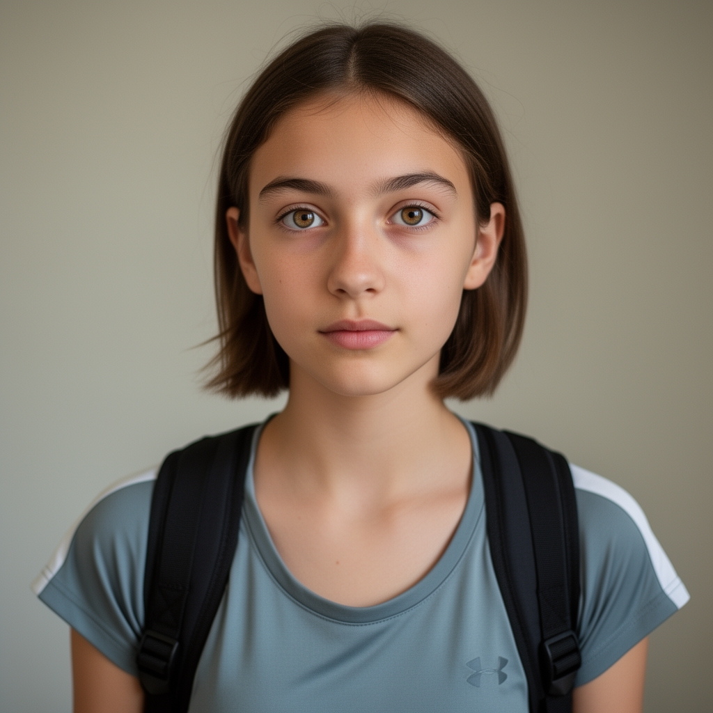 یک دختر که دماغ متوسط داره و چشمای بزرگ و قهوه‌ای روشن 
و پوست زرد 
و اندام لاغر 
و ۱۶ سالشه و لباس اسپرت داره و موهای کوتاه تا گردن 
و کوله مشکی 2