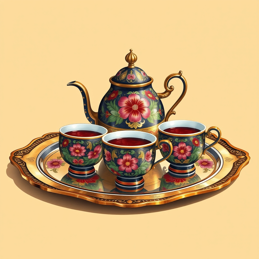 یک سرویس چای با طرح‌های گلدار پیچیده، قرارگرفته روی سینی آینه‌ای.20