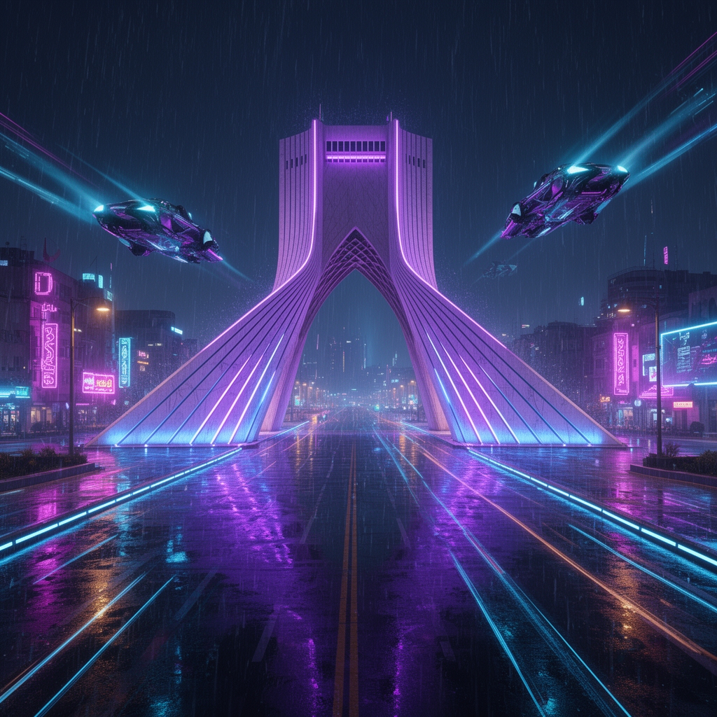 برج آزادی تهران در یک شب بارانی با سبک سایبرپانک، نورهای نئون بنفش و آبی، ماشینهای پرنده در اطراف برج، کیفیت 8k.5