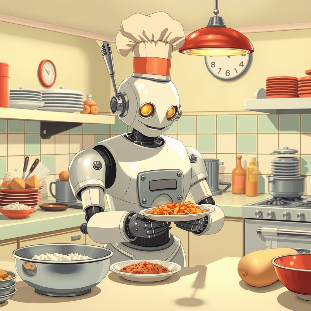 یک سرآشپز رباتی قدیمی در حال تهیه غذا در آشپزخانهای به سبک دهه ۱۹۵۰.5