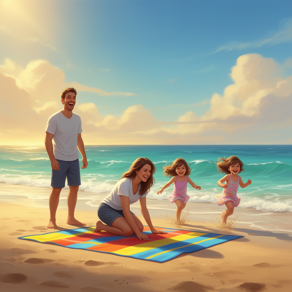 یک خانواده چهار نفره که به دریا رفته اند دو تا دخترشان به سمت زیر انداز میدوند و مادر دارد سفره میچیند و پدر میخندد. 0