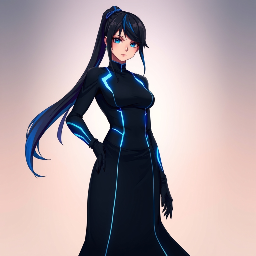 یک زن ابر قهرمان با لباس مشکی و طرح نوار های آبی نورانی از لباسش و موهای مشکی و آبی بسته شده ، با ناخون های مشکی بلند و تیز ، چشمانی آبی ، 8