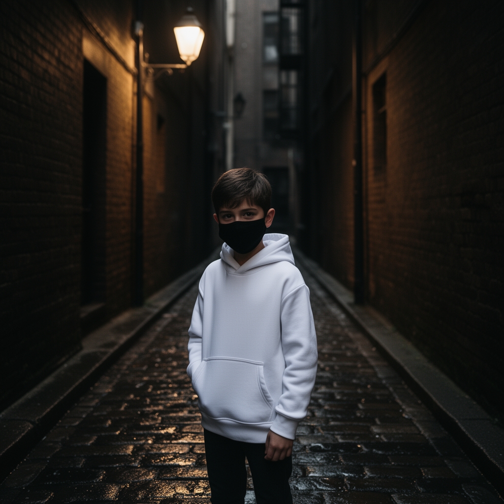 یک پسر با هودی سفید با ماسک سیاه و در یک کوچه تنگ و تاریک0