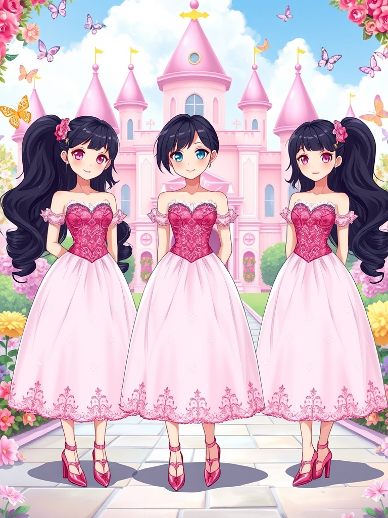 سه قلوها ، ستین و سوین و سلین سه تا خواهر سه قلو هستند و خیلی شبیه هم هستند و موهای  خیلی بلند و مشکی دارند و لباس صورتی و دامن دار و اکلیلی مانند پرنسس ها دارند و کفش های پاشنه دار صورتی و اکلیلی و براق دارند و پشت سر آنها قصر صورتی است و پروانه های رنگارنگ اطراف آنهاست و زیر پای آنها گل های رنگارنگ است و انیمه هستند و مانند پرنسس ها هستند5