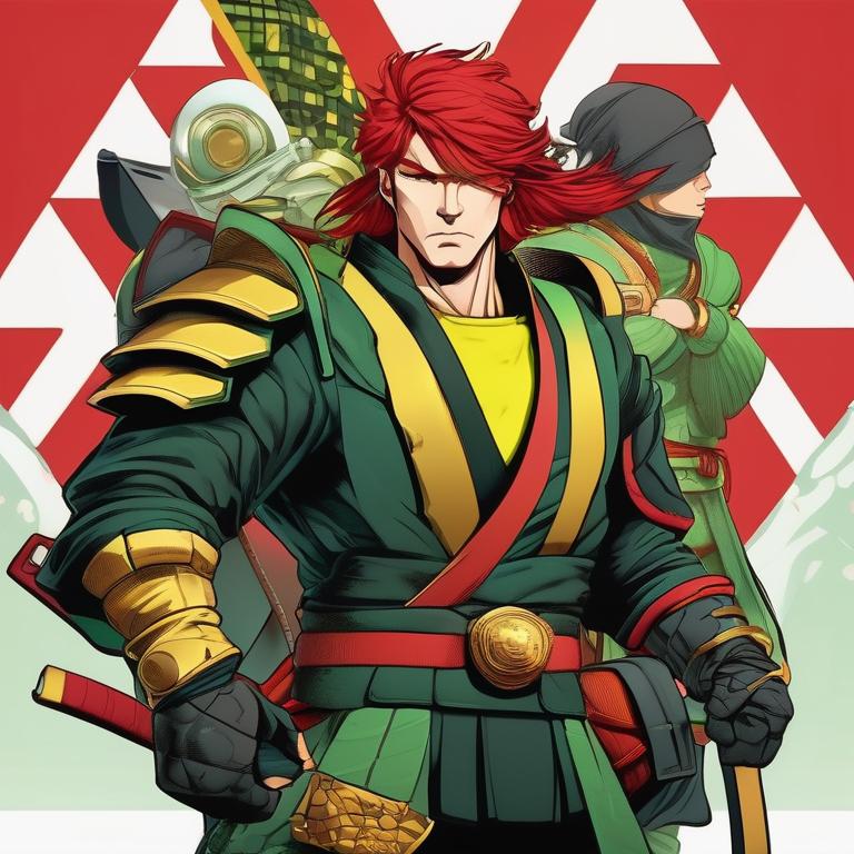 ازدهایی قرمزک پشت سرش دزددریای باکلاه رنگ زرد و سامورایی سبز خشن0