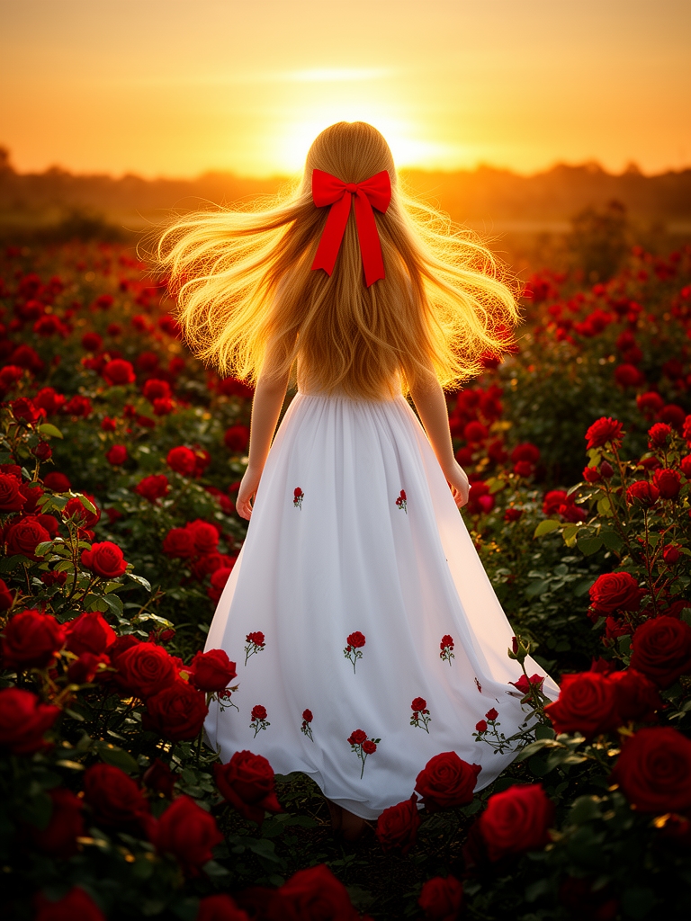 دختری موطلایی که به پشت ایستاده و دارد طلوع خورشید را تماشا میکند و در منظره ای ایستاده که پر از گل رز است . موهایش دارند در باد تکان میخورند و او یک پاپیون قرمز به مو هایش بسته است و پیراهنی سفید پوشیده که گل های قرمز کوچکی رو آن است4