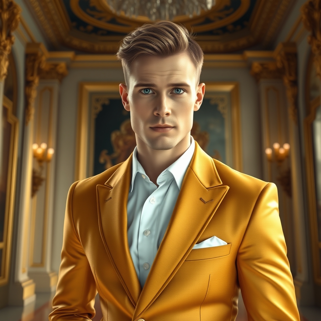 مرد خوش قیافه سفید پوست چشم آبی با کت و شلوار طلایی در سالن قصر اختصاصی17