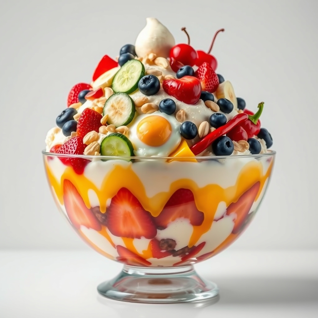 یک بستنی بزرگ که رویش از این ها دارد🍄🍌🍒🍓🫐🥒🥜🌶🥚10