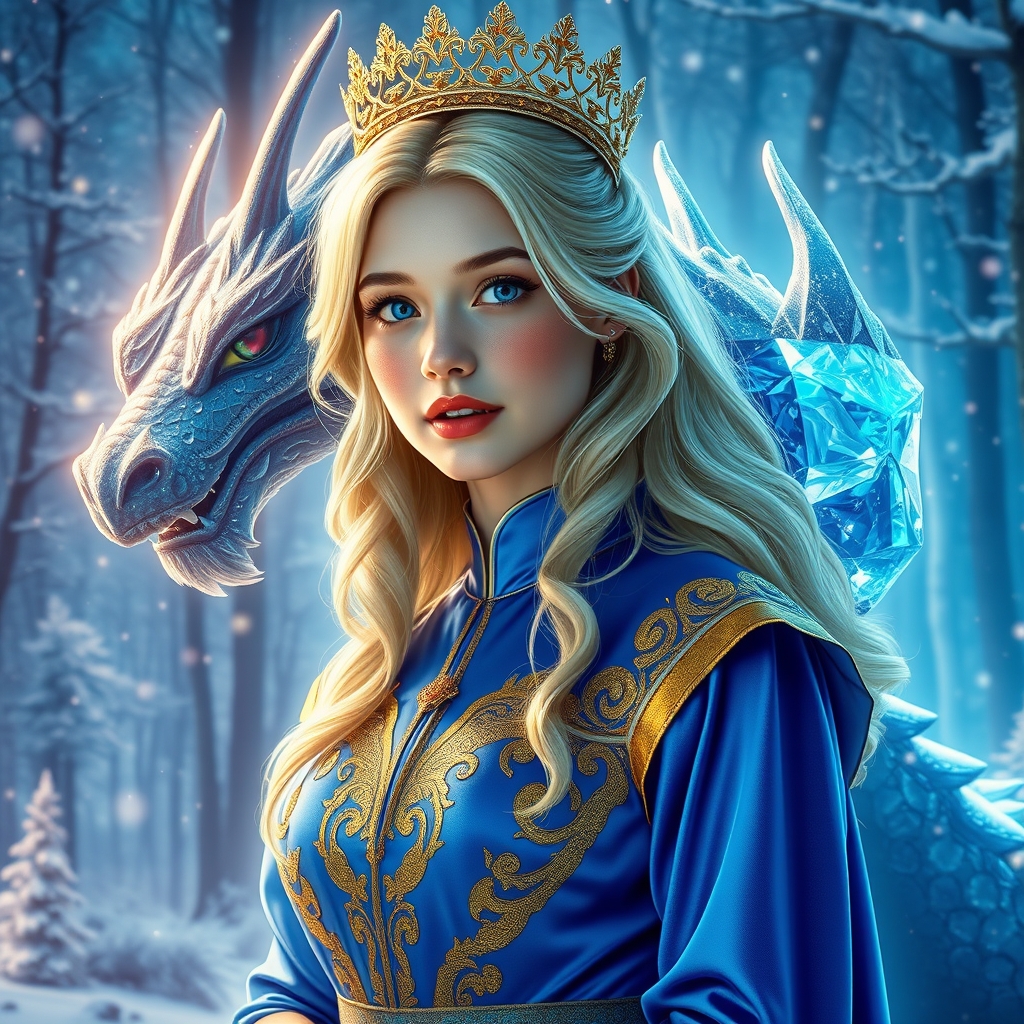 زیباترین زن جوان در جهان حتی در رویایی که شکوه خدا را داشته باشد که نظیر آن در دنیا نباشد که همه از شدت زیبایی بهش سجده کنند که با موهای حالت دار موج دار طلایی براق باشد که با چشمانی آبی رنگ که در مردمکش زیباترین دریا عمیق باشد که با پوست سفید همرنگ برف و با لبانی سرخ و با گونه های صورتی که لباس سلطنتی آستین پفی آبی طلایی رویایی اکلیری برتن داشته باشد و با تاج طلایی زیبایی برسر داشته باشد که در کنارش اژدهای کریستالی بزرگی باشد که پشت سرش زیباترین و رویاییترین جنگل در جهان باشد که برف هم در حال باریدن باشد12