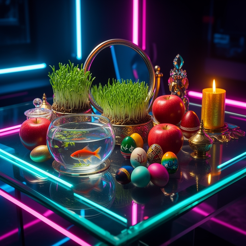 سفره هفت سین ایرانی مدرن روی میز شیشهای، تنگ ماهی و سبزه و سیب، نورپردازی سینمایی و گرم، نمای لوکس و امروزی.1