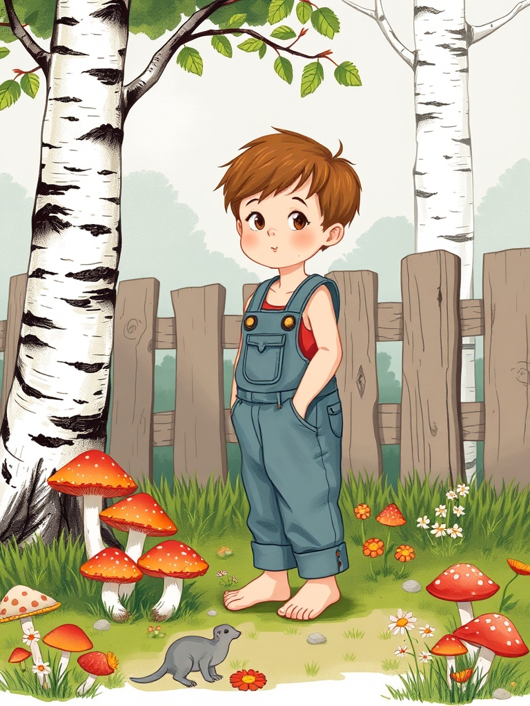 The image is an illustration of a young boy wearing overalls, standing barefoot near a birch tree and a wooden fence, surrounded by mushrooms and wildflowers.2