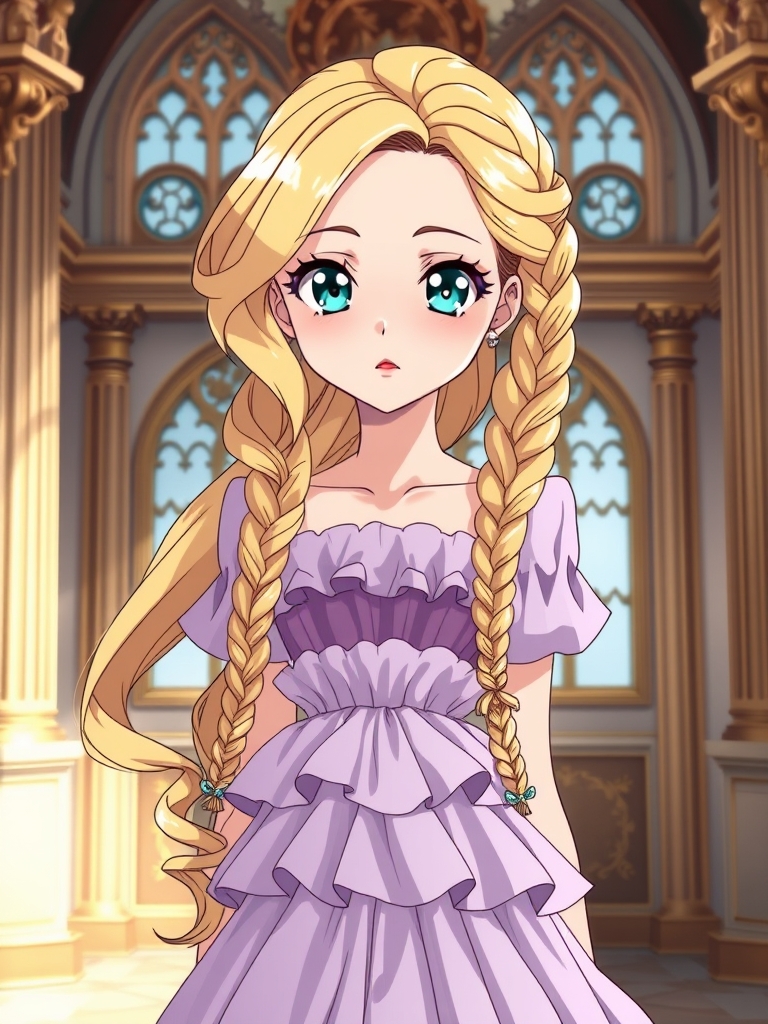 یه دختر انیمه ای زیبا با موهای موج دار طلایی که چپ و راستش بافت ریز داره و بقیه موهاش دم اسبی پشتش بسته شده،صورت سفید زاویه دار،لب های قرمز،چشم های درشت به رنگ فیروزه ای،مژه های دار۶،یه لباس پرنسسی لایه لایه بنفش پاستیلی سلطنتی هم تنشه،داخل قصر هست،عکس قدی باشه13