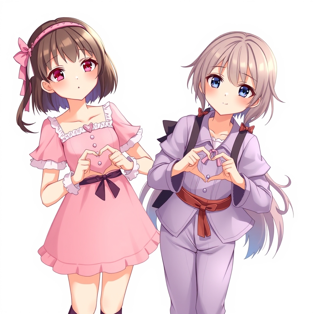 یک دختر جوان  انیمه ای   که لباس گل‌بهی  پوشیده وکنار یک دختر جوان دیگر با لباس بنفش کم رنگ تنش و و با دستا شون قلب گرفتن
2