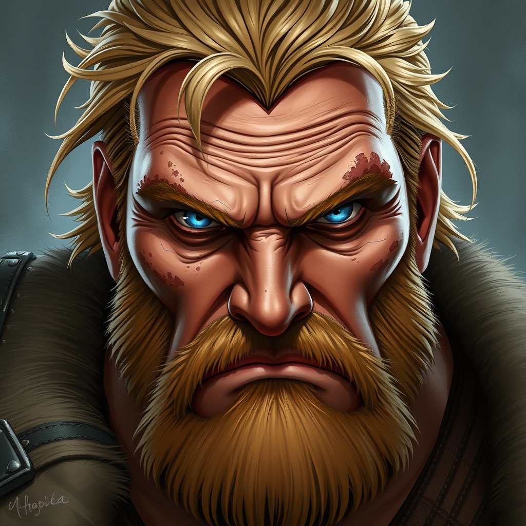 مردی سرخ رنگ، بور، چشم آبی، پیشانی پهن و چهار شانه که صورت خشنی دارد و اثر آبله بر صورتش مشهود است18