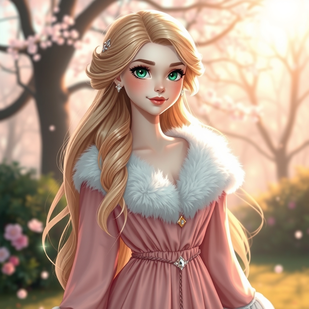 عکس پرنسس با چشم های زمردی درخشان پوستی مانند برف لبان هلویی لباس گلبهی با خز سفید که کریستال دارد موهای طلایی و بلند اش را کوتاه کرده و در دستش است در پارکی شگفت انگیز خورشید میدرخشد5