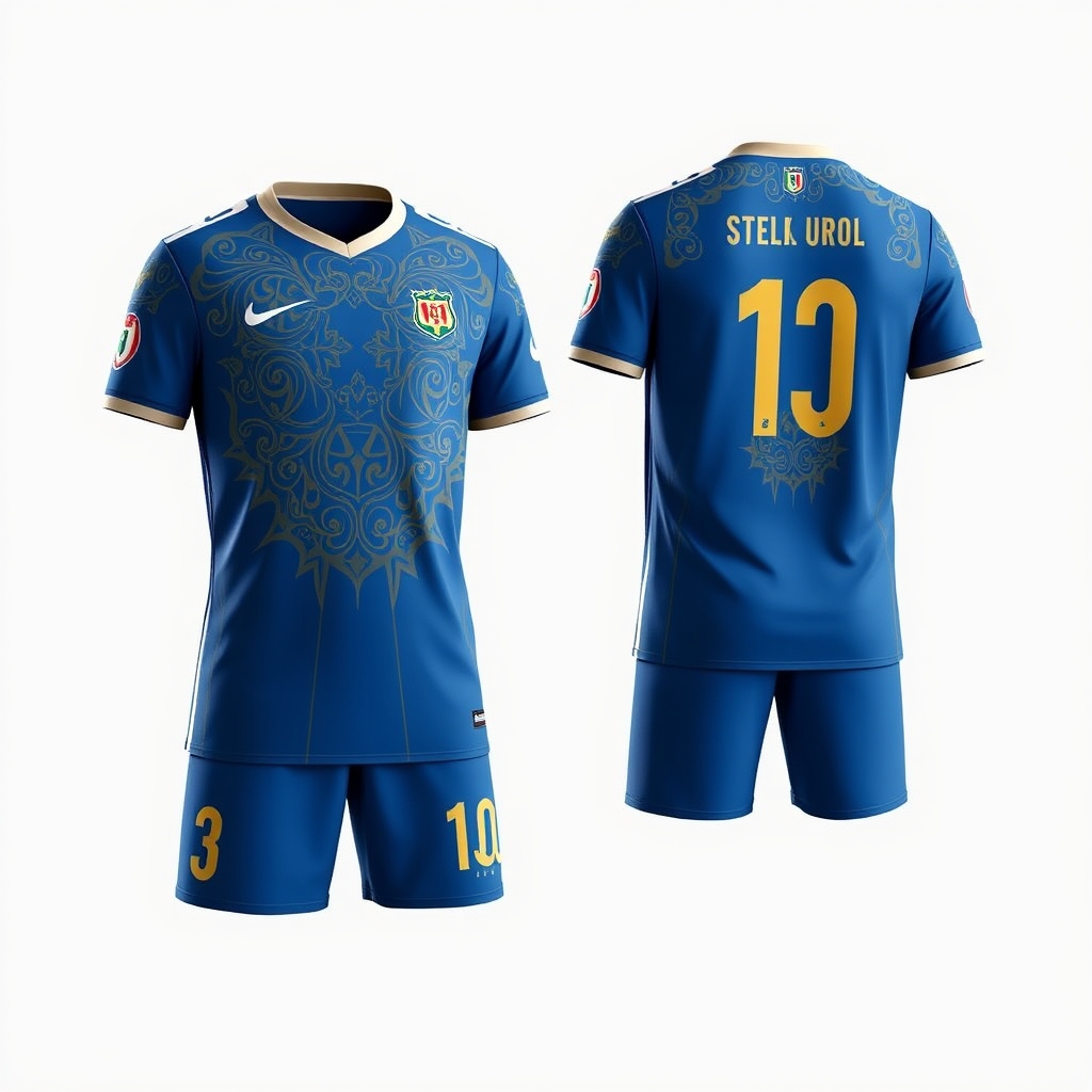 یه طراحی لباس شیک به سبک اروپا برای تیم فوتبال استقلال تهران با رنگ آبی و با طرح های باستانی ایرانی5