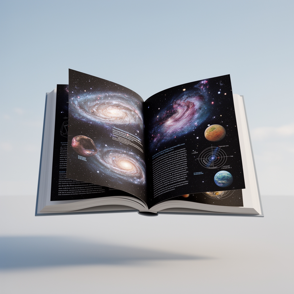 عکس یک کتاب معلق روی هوا که باز هست و راجب فضا نوشته1