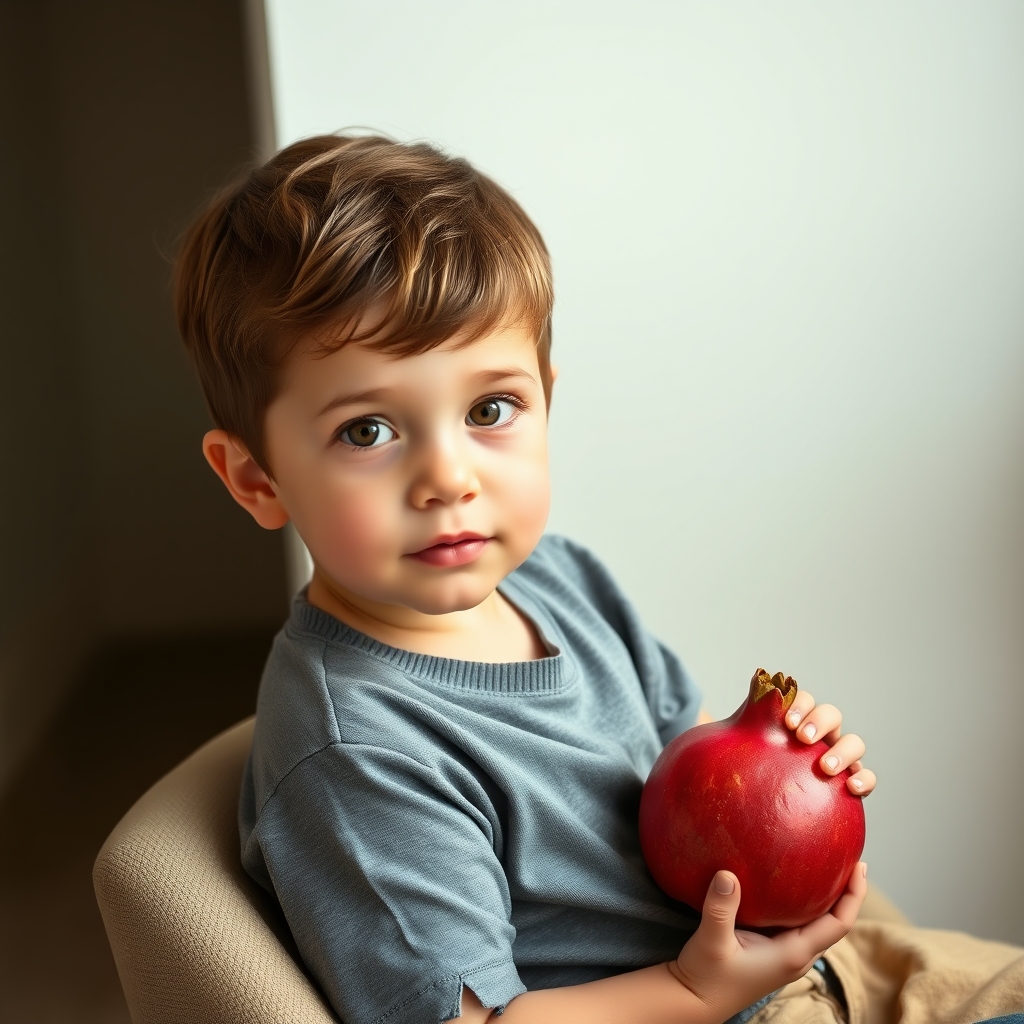 عکس پسرم ک انار در دست دارد و روی صندلی نشسته
0