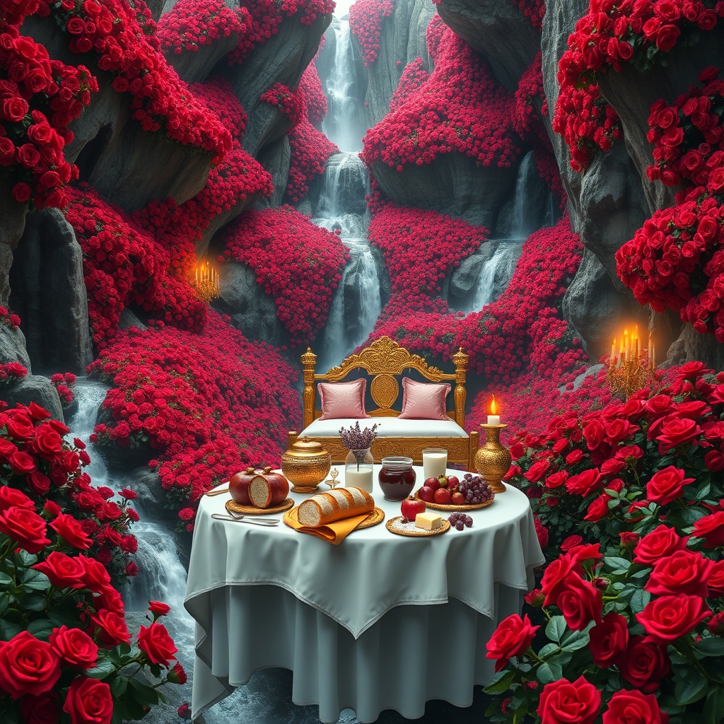 باغ گل رز سرخ افسانه ای در دل صخره های کوهستانی پوشیده از گل سرخ با در و دیوار و زمین پر از گل سرخ همه جا سرتاپای باغ با رز سرخ پوشیده شده
هزاران آبشار جاری اند
رودها به هم می ریزند
زیر تونل های دراز و مسقف از گل رز سرخ
یک تخت خواب سفید طلایی سلطنتی قرون وسطایی با کوسن صورتی و شمعدان های طلا پر شمع
یک میز سفید و طلایی مجلل صبحانه
پر نان کره خامه عسل مربا شیر میوه سیب انار انگور10