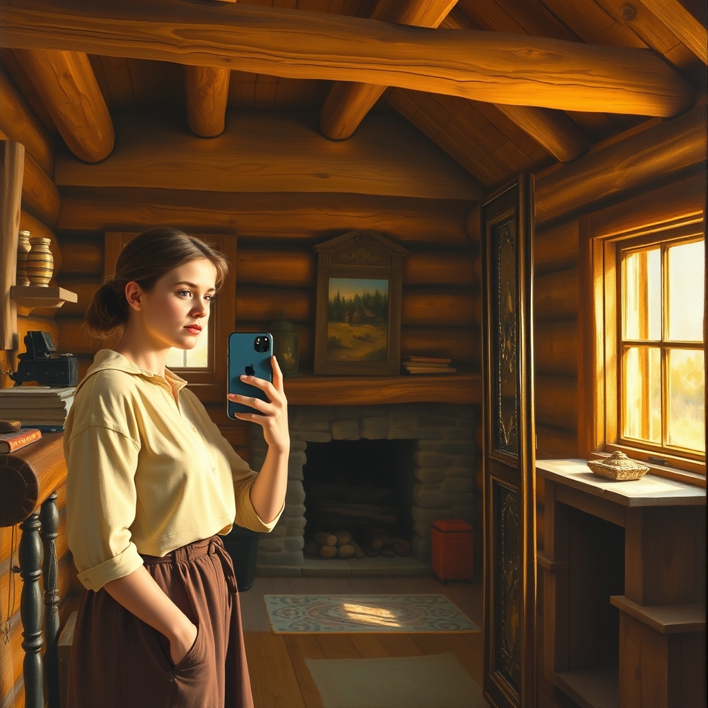 سبک نقاشی 
دختر ی که دارد  با گوشی اپل 17 در آینه کلبه چوبی عکس میگرد  3