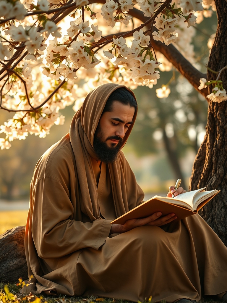 یک شاعر نشسته زیر درختی پرشکوفه، در حال نوشتن در دفترچهای طلایی.14