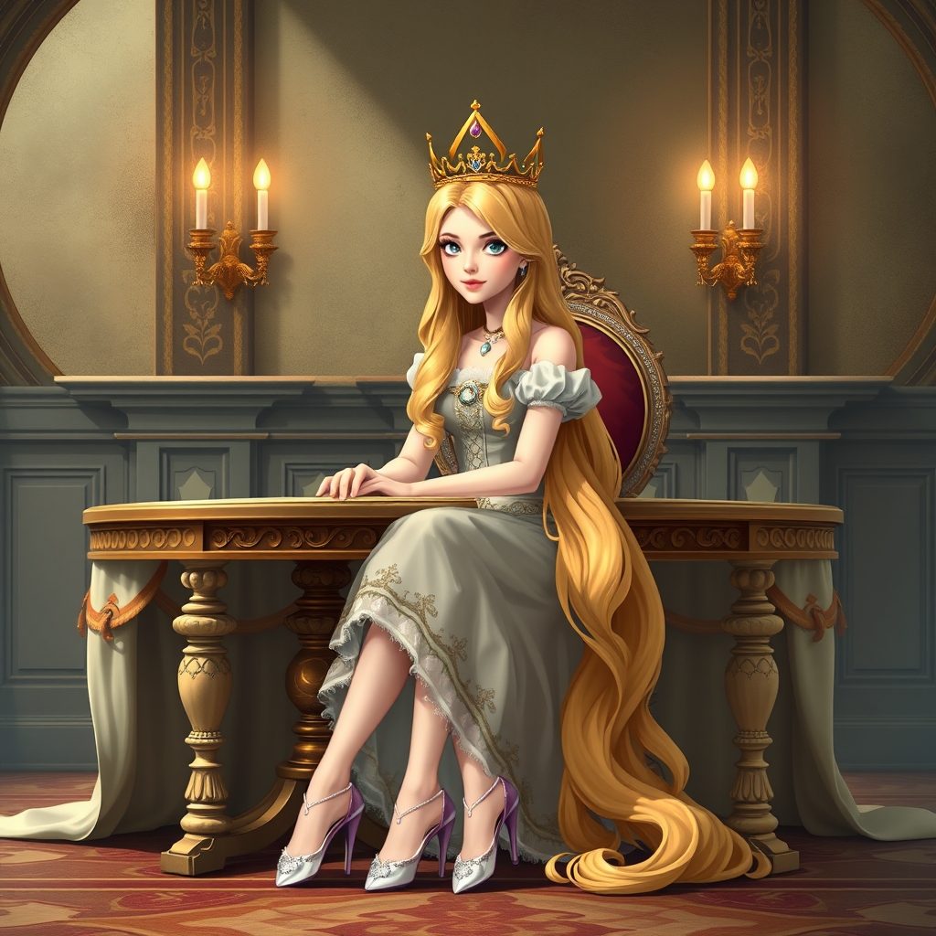 یک پرنسس ۱۸ خیلی زیبا با موهای بلند طلایی که روی میز پادشاهی نشسته با کفش های زیبا ولباس قشنگ و بالای سرش تاج است.3