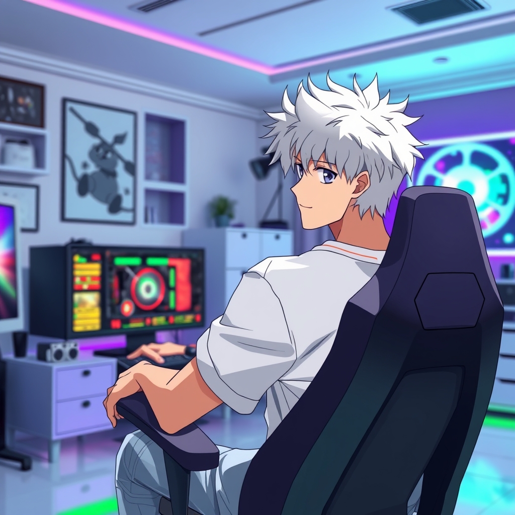 پسری ۲۰ ساله با موهای سفید و خیلی مغرور و خوش قیافه نشسته بر صندلی گیمینگ 
در اتاقی با تم رنگی سفید و بنفش و سبز
در حال بازی کردن با کامپیوتر  بسیار قوی زیبا نسل ۱۵ 
عکس از پشت پسر گرفته شده است و محتویات کامپیوتر دیده میشود19