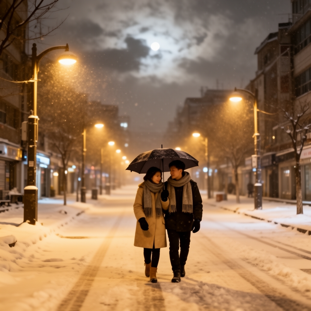 یک شب برفی در سئول دو تا عاشق زیر یک چتر با هم راه میروند خیابان خلوت است و زمین سفید آسمان را ابر پوشانده و چراغ های در خیابان روشن است
5