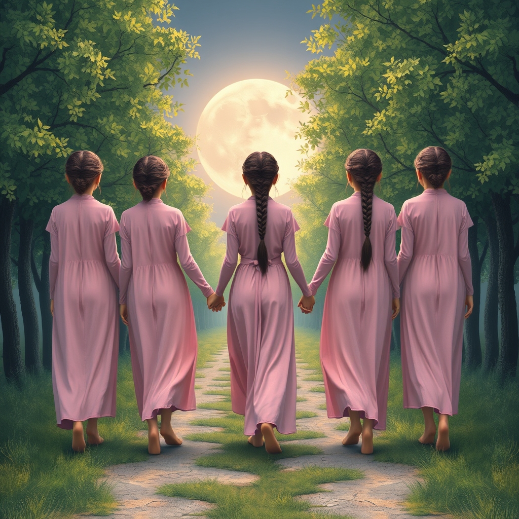 پنج دختر از پشت با لباس های دامن بلندو صورتی دست در دست هم با موهای بافته شده
در جاده ای که کنارش پر درخت سرسبز است در حال حرکت به سوی ماه هستند15