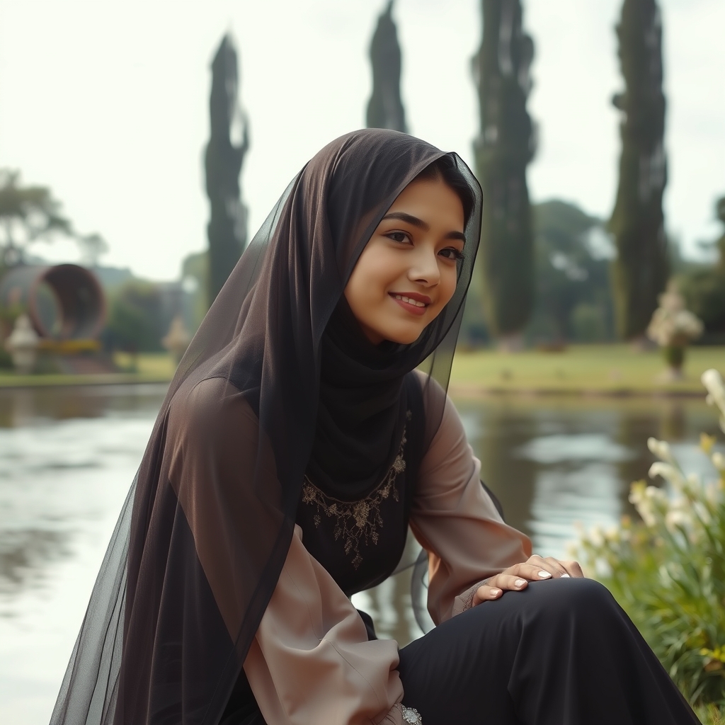 دختری محجبه ایزیبا با لباس های فاخر نسشته بر لب رودخانه در باغ که درخت هایی بلند دارد و به عشقش فکر میکنم و آرام لبخند میزند 2