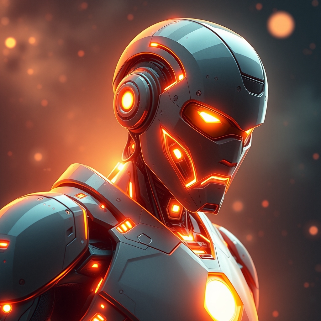 یک ربات اینده نگر مرد در فضا  که نورانی است
4