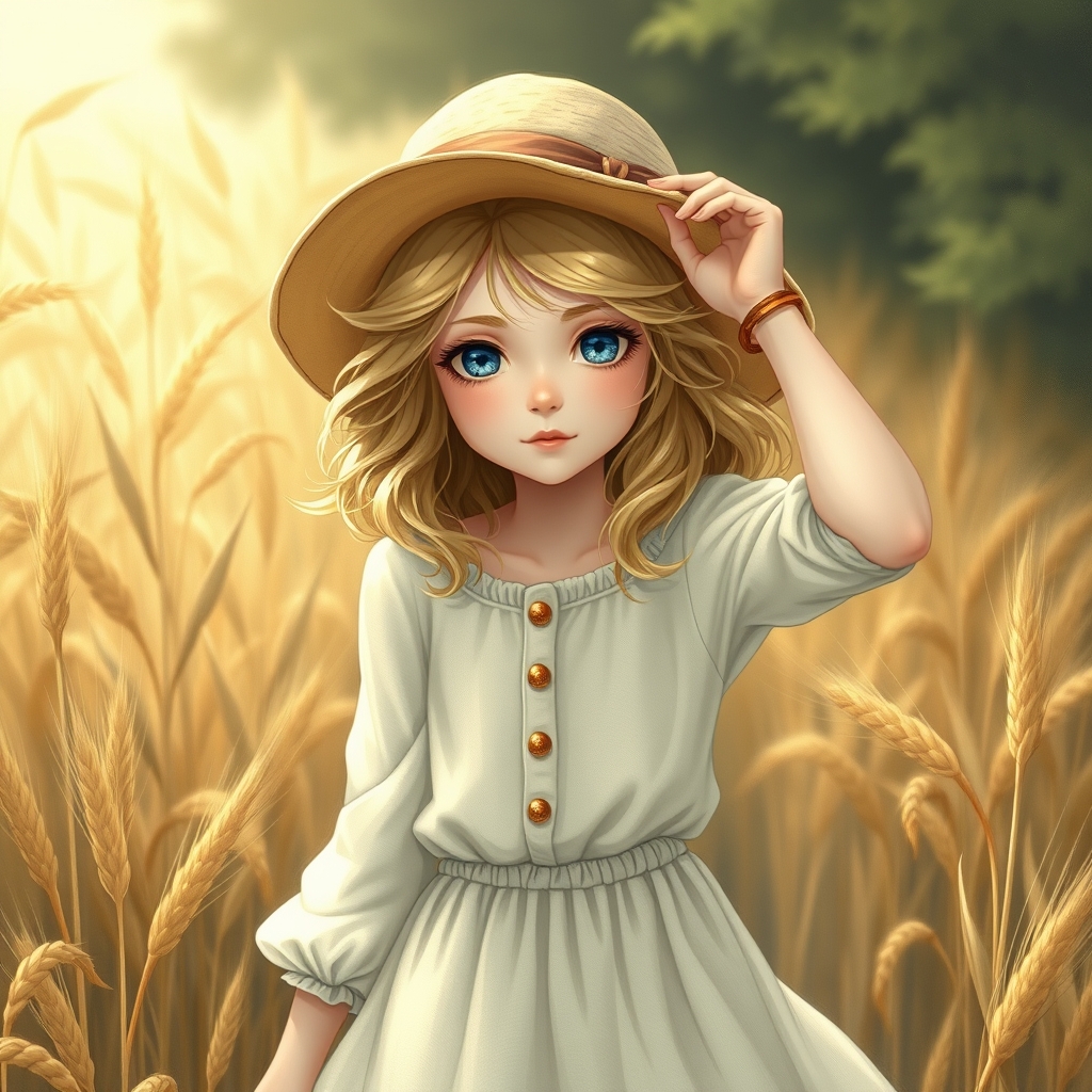 دختری با موهای موج دار زرد و کلاه و لباس زیبای سفید کرمی که کلاهشو گرفته که باد نبره و داره از لای مزرعه گندم رد میشه . صحنه ای زیبا و دقیق که چشمای دختر آبیه و صورتش مثل یک اروسک زیباست9