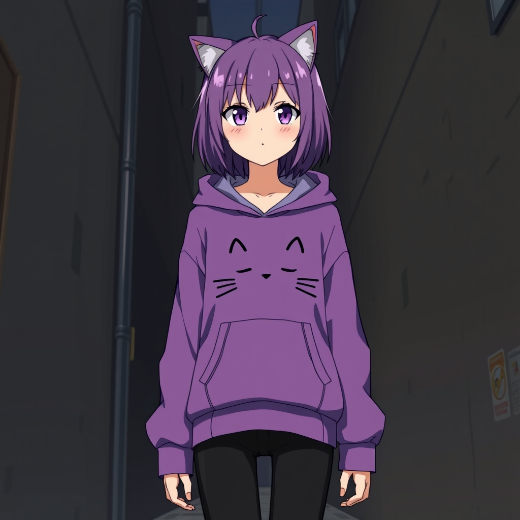 یک دختر خیلی قد بلند با هودی به رنگ بنفش با طرح گربه دختر دوتا گوش گربه داره با شلوار سیاه موهای بنفش متوسط او در یک کوچه ی سیاه هست
4