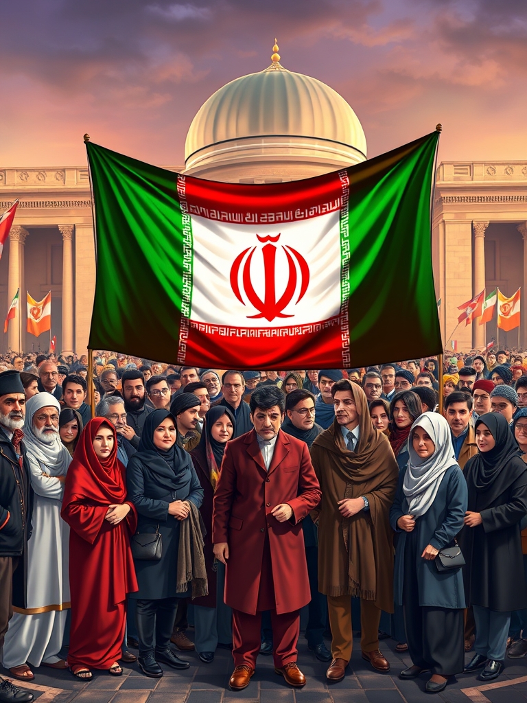 پرچم ایران رو در دست مردم ایران از اقشار مختلف و نژادهای گوناگون با جزئیات و فضاسازی و ویژگی های ظاهری و مکان میدان امام حسین علیه السلام باشه!!!21