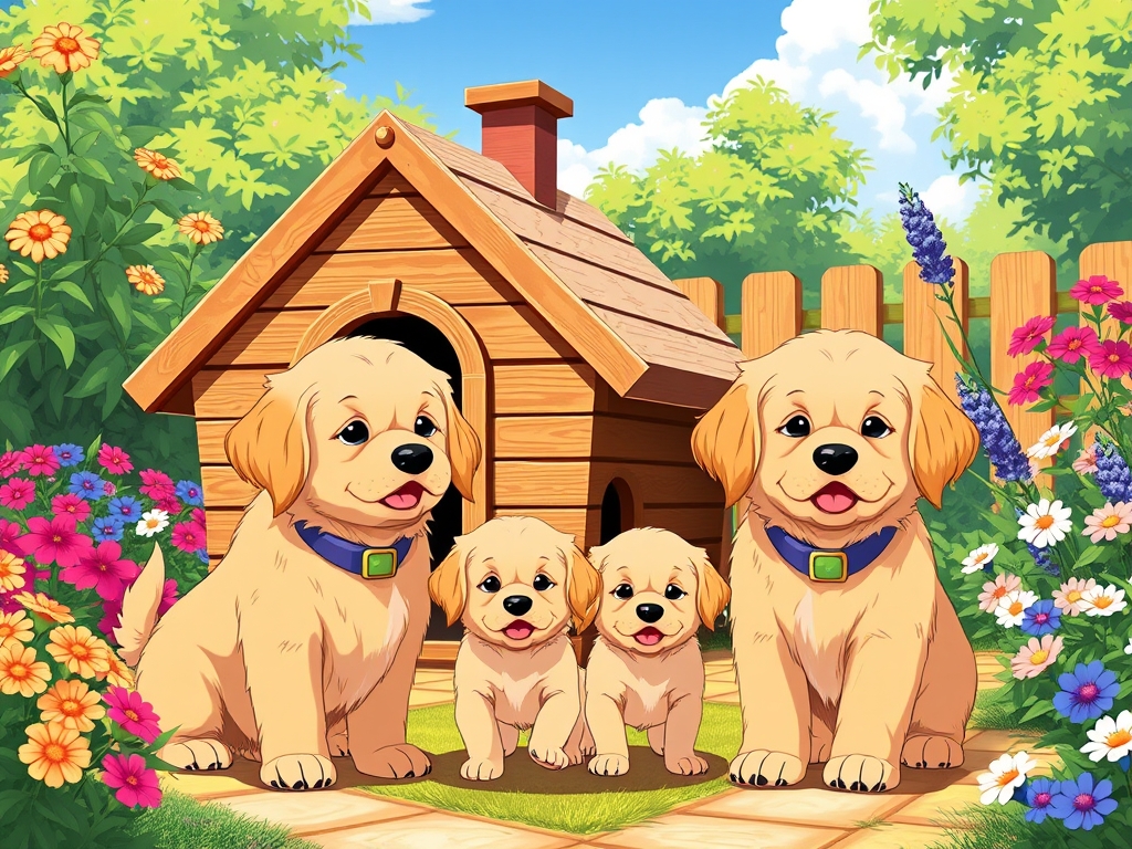 دو تا سگ نژاد گلدن خیلی خیلی خوشگل و ناز در باغی زیبا و یک خانه ی سگ چوبی و خوشگل هم دارند و دارند به دو بچه سگ نژاد گلدن که بچه هاشون هستند، نگاه میکنند که دارند بازی میکنند17