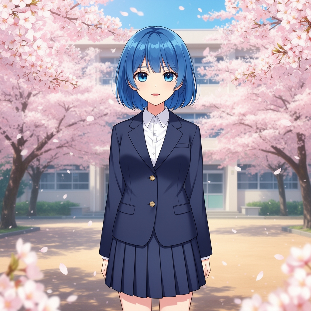 دختری خوشکلللل با فرم مدرسه با موهای رنگ آبی باستیلی و چشم های رنگ دریا پشت شکوفه های زیبا در مدرسه2