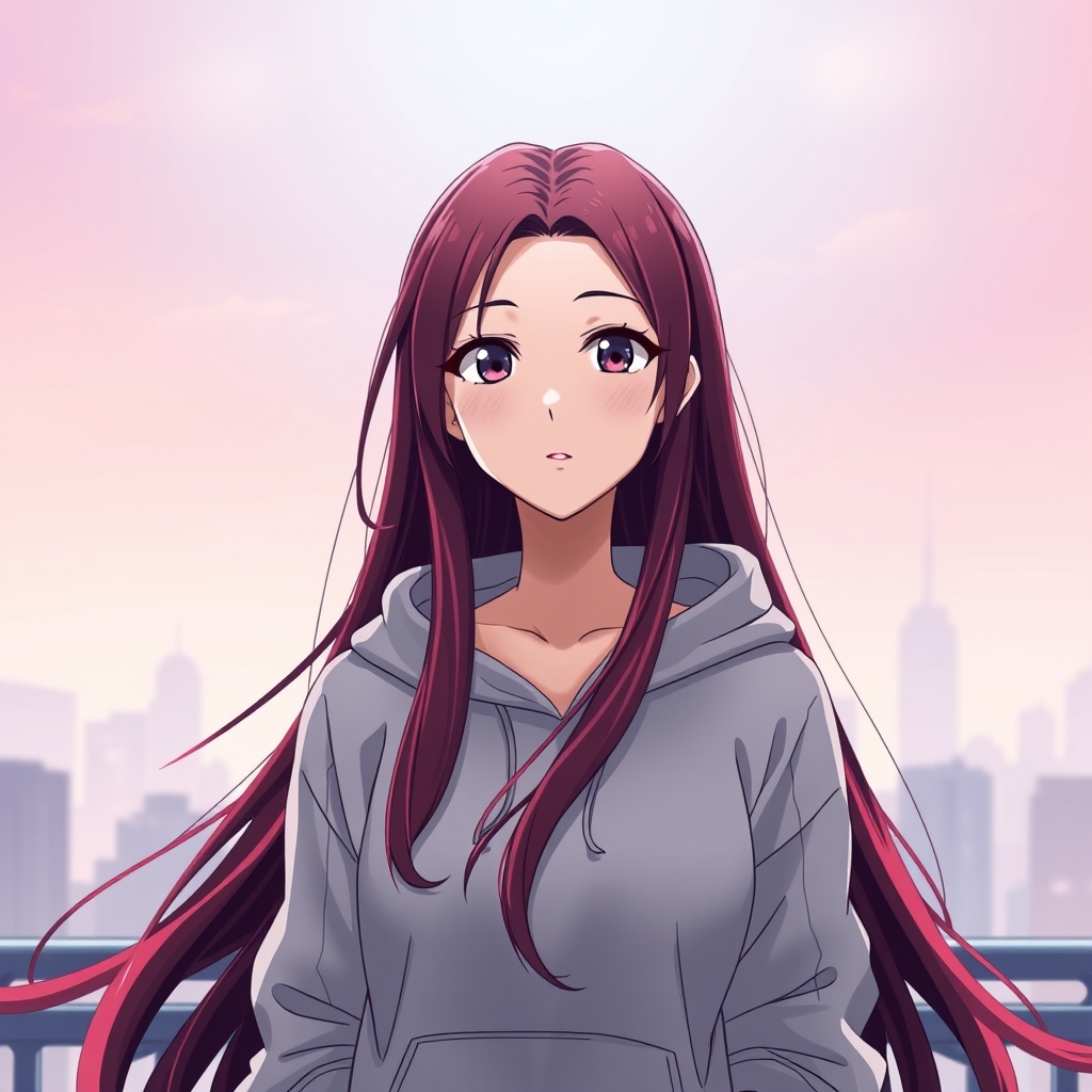 دختری خیلی زیبا با مو های رنگ شرابی خیلی بلند
هودی تنشه  که روش نوشته BTS 1