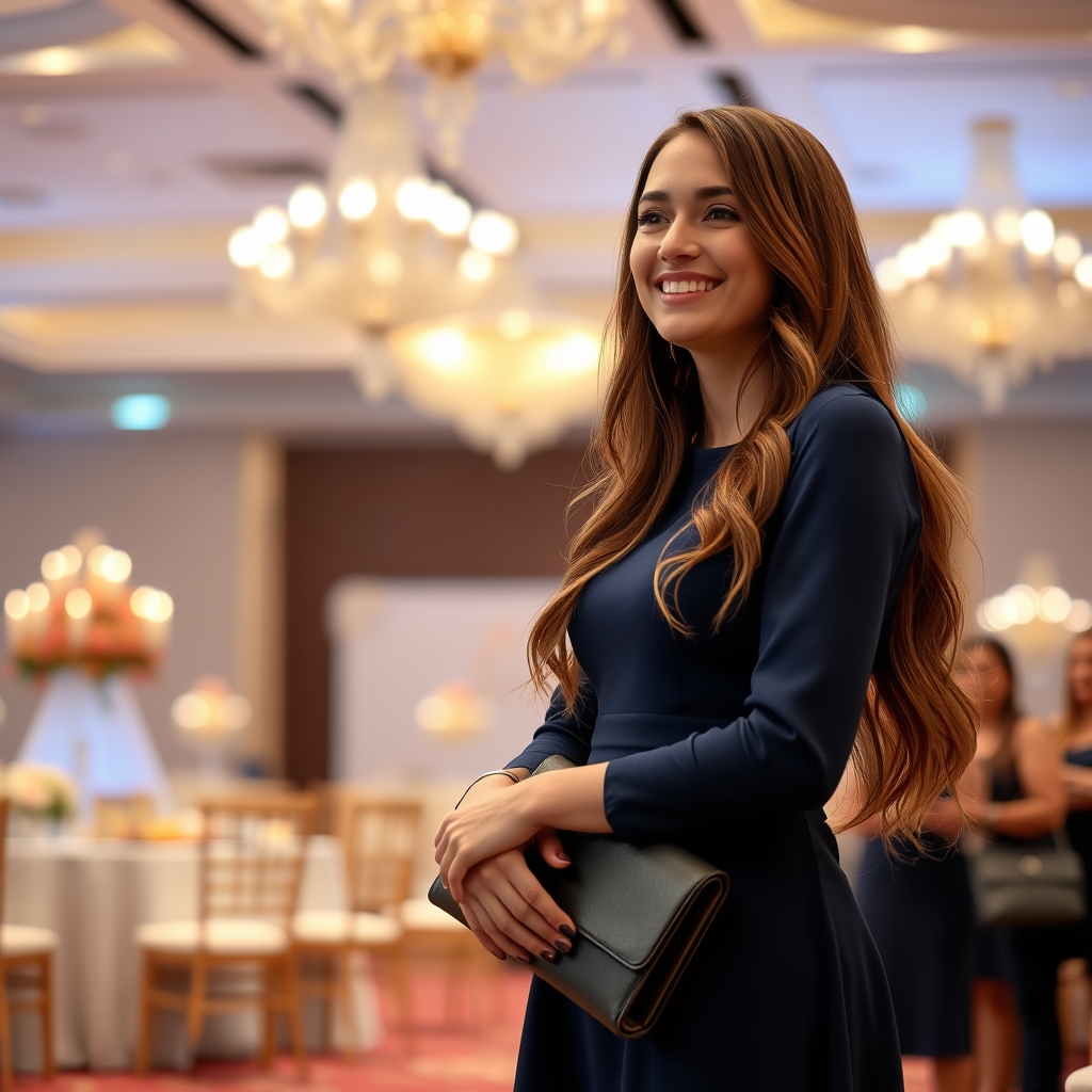 دختری جوان با موی بلند و قد بلند با لباس بلند و مجلسی ابی کاربنی همراه کفش پاشنع بلند ابی کاربنی همراه کیف دستی ابی کاربنی در عروسی مهمان است13