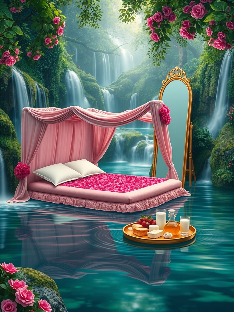 جنگلی سبز دورادور آبشارها روان اند به داخل رودی یا برکه می ریزند وسط رود یا برکه زیر سایه خیمه تورباف صورتی تزیین شده با رز صورتی تشک گرم و نرم صورتی با کوسن های سفید پر شده با گلبرگ های سرخ
و سینی گرد و طلایی پر نان کره خامه عسل میوه و شیر و شیر برنج
یک آینه تمام قد بلند از طلا 10